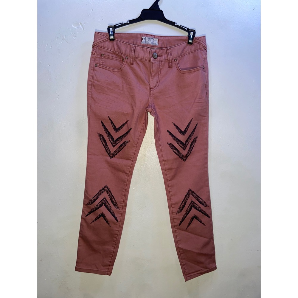 Free People Pink Chevron Tribal Graphic Print Skinny Jeans Rose Mauve Boho 27 - Picture 2 of 6